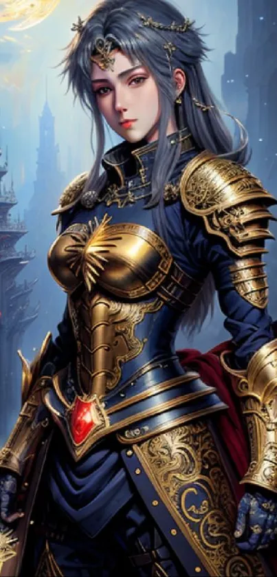 Epic fantasy warrior princess in golden armor with castle background.