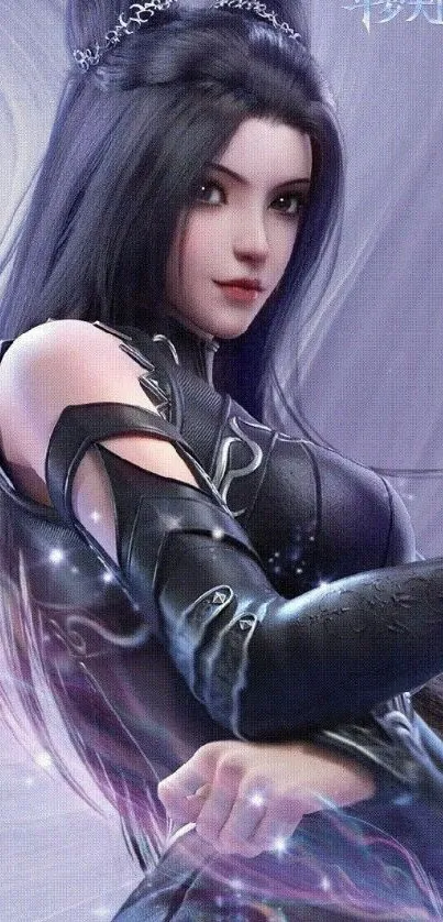 Fantasy warrior princess in purple and black armor, elegant design, mobile wallpaper.