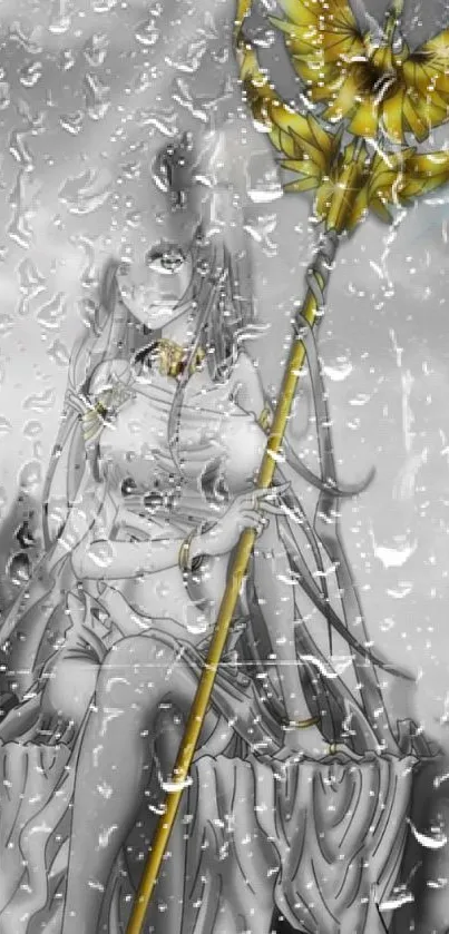 Anime warrior in rain with staff, gray and gold tones.