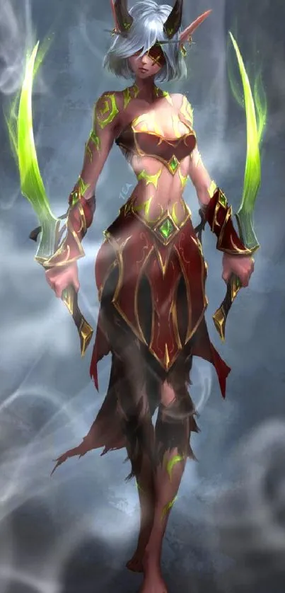 Fantasy warrior with glowing green blades on dark background.