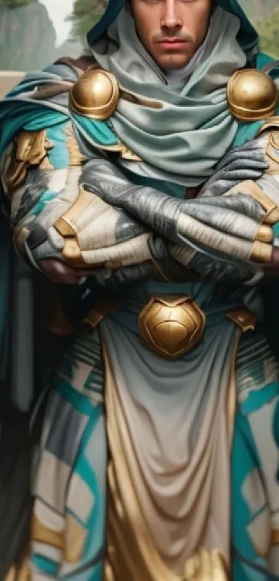 Fantasy warrior in teal and gold armor.