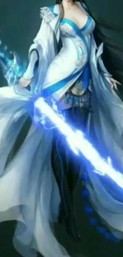 Fantasy warrior with glowing blue sword and flowing robes.