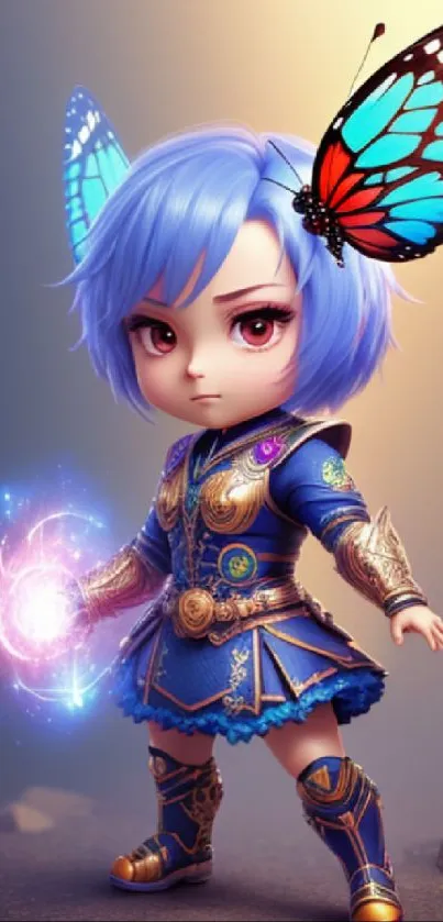 Chibi warrior with blue hair and butterfly wings, glowing spell.