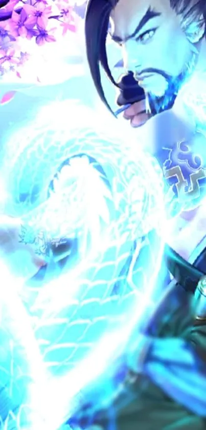 Fantasy warrior with glowing dragon aura in vibrant blue scene.