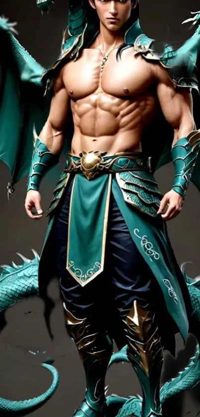 Fantasy warrior with dragon wings in emerald armor.