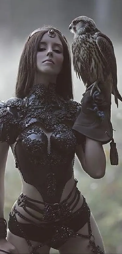 Fantasy warrior holding falcon in misty forest, creating an enchanting scene.