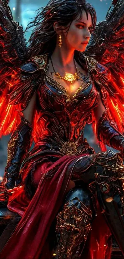 Fantasy warrior with fiery wings in armor on a mobile wallpaper.