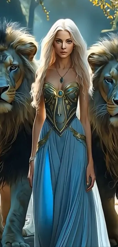 Fantasy warrior with lions in a mystical forest setting.