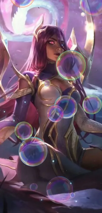 Fantasy warrior surrounded by magical bubbles and vibrant colors.