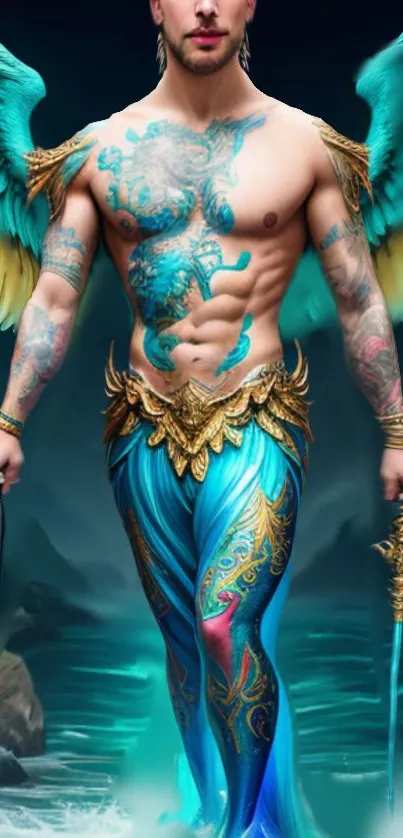 Fantasy warrior with colorful wings and intricate tattoos on a teal background.