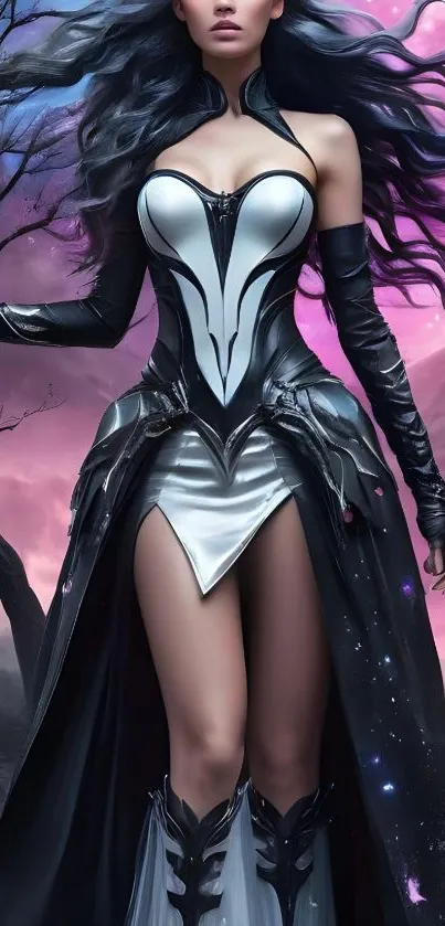 Fantasy warrior woman in mystical purple scenery.