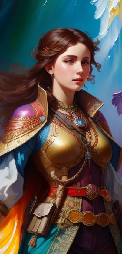 Colorful fantasy art of a warrior woman in vibrant armor.