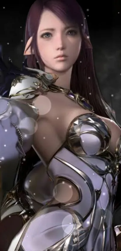 Fantasy warrior woman with intricate armor on a mystical backdrop.