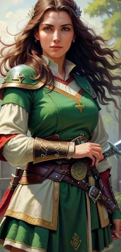 Fantasy warrior woman in medieval attire holding a sword in a mystical forest.