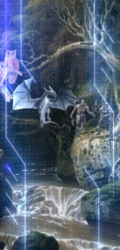Fantasy scene with warriors, dragons, and mystical elements.