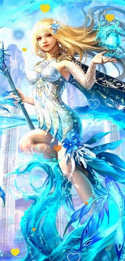 Fantasy art of a water goddess in vibrant cyan hues.