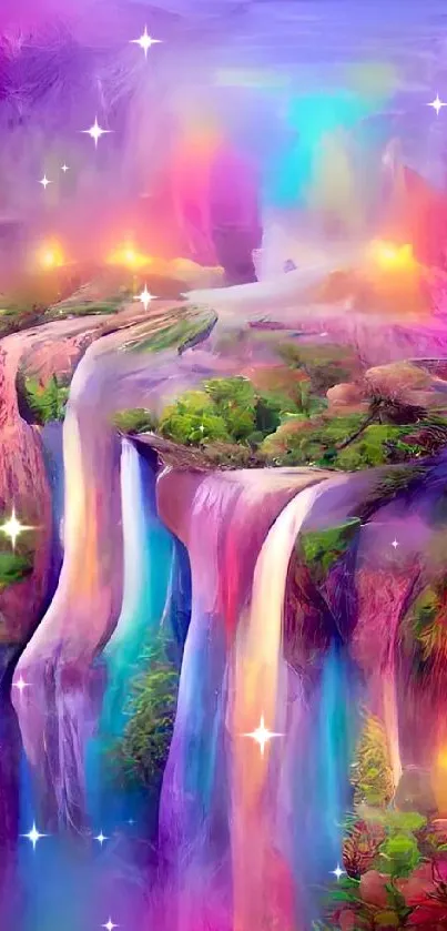 Vibrant fantasy waterfall digital art with rich colors.