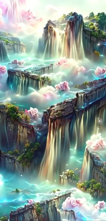 Dreamy fantasy waterfall wallpaper with vibrant colors.