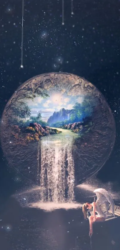 Surreal fantasy scene with a cosmic waterfall and universe backdrop.