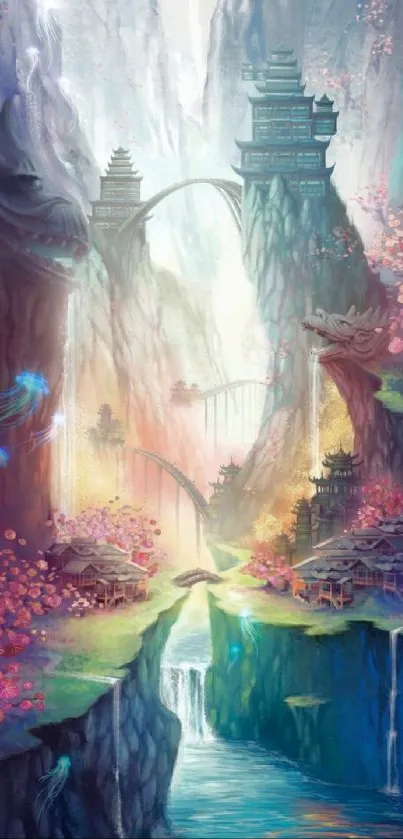 Fantasy landscape with waterfall and architecture in vibrant colors.