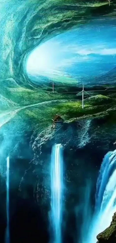 Fantasy landscape wallpaper with waterfalls and a stunning blue-green sky.