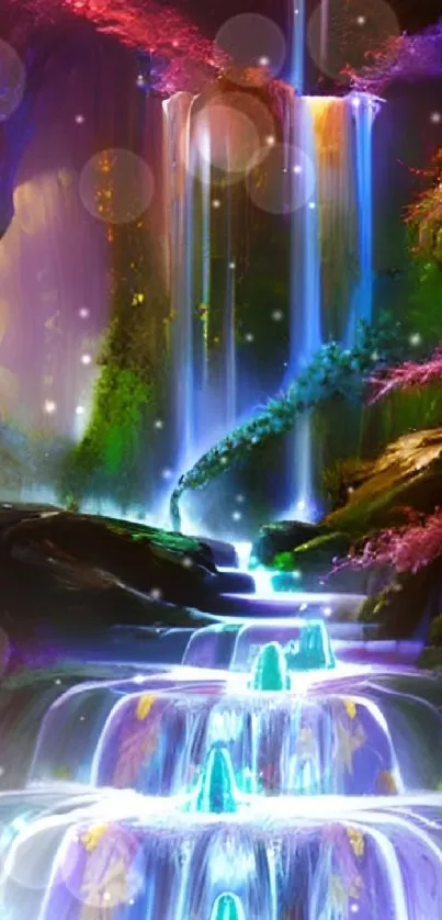 Vibrant fantasy waterfall with glowing cascades.