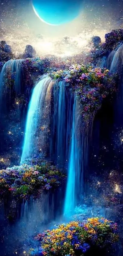 Fantasy waterfall with vibrant night sky and colorful scenery.