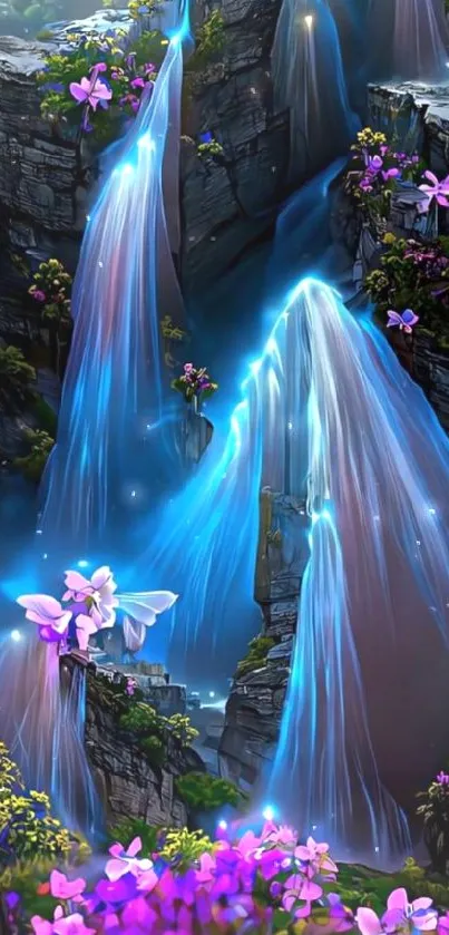 Fantasy waterfall with blue cascades and vibrant flowers.