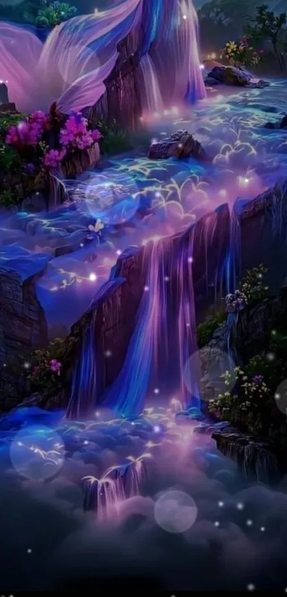 Fantasy waterfall wallpaper with vibrant purple hues and magical scenery.