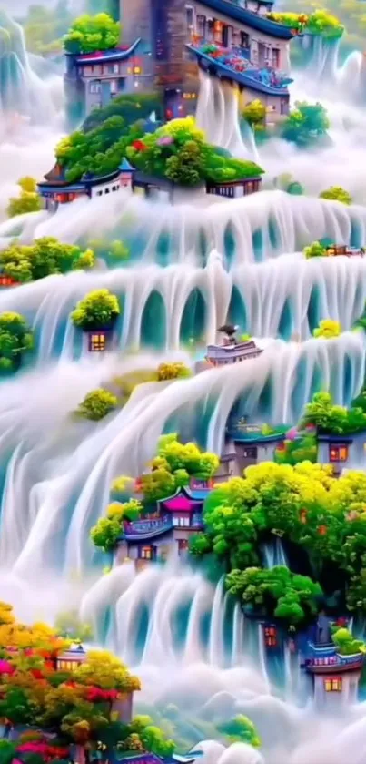 Dreamlike landscape with cascading waterfalls.