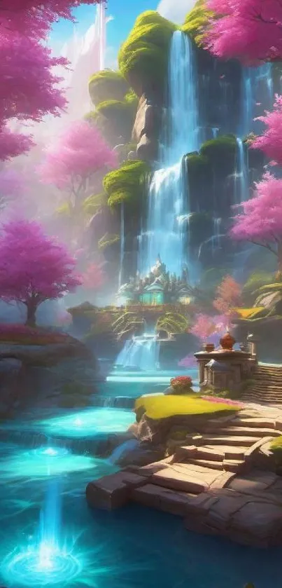 Fantasy landscape with waterfalls and pink trees, ideal for mobile wallpaper.