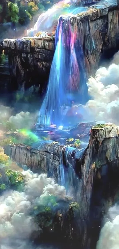 Fantasy waterfall flowing over cliffs surrounded by clouds.