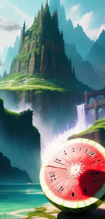 Giant watermelon in a fantasy landscape with mountains and waterfalls.