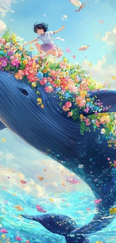 Whale covered in flowers under a blue sky