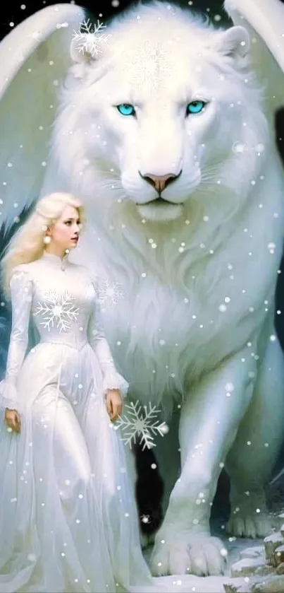Fantasy wallpaper with white lion and woman.