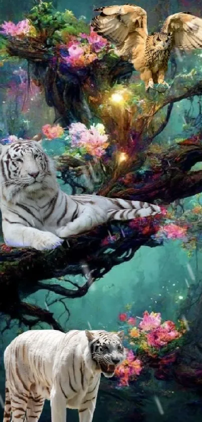 Fantasy wallpaper with white tigers and an owl in a colorful forest setting.