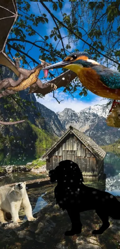 Fantasy lake scene with cottage and wildlife.