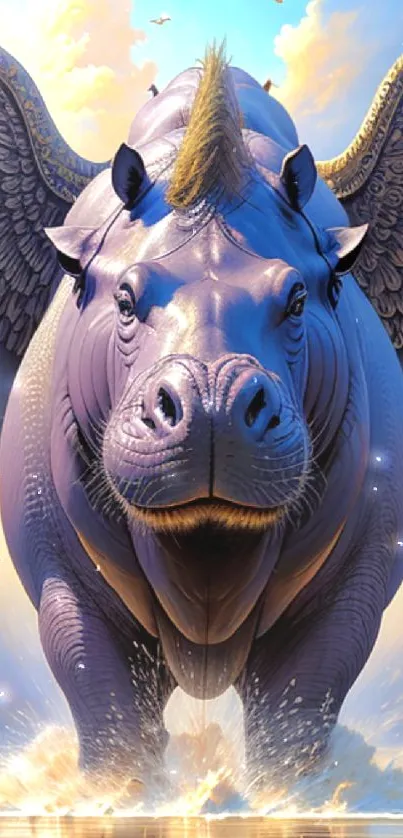 Majestic winged rhino soaring in a fantasy sky.