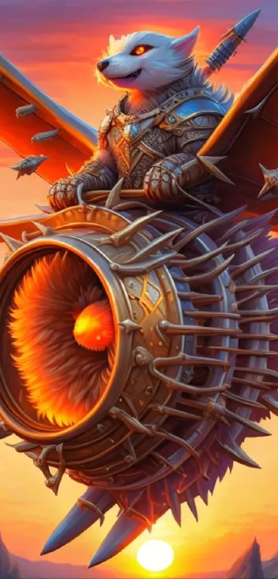 Fantasy canine warrior on engine with wings flying at sunset.