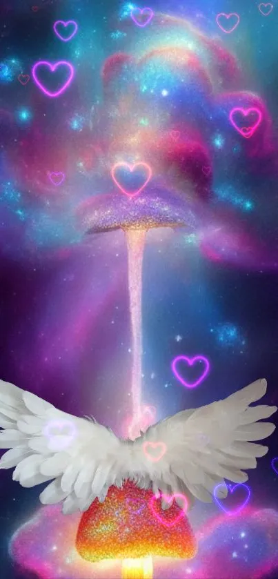 Fantasy cosmic wallpaper with wings and glowing mushroom.