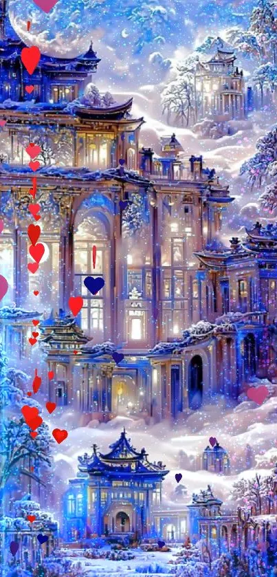 Enchanting fantasy castle in snowy winter landscape.