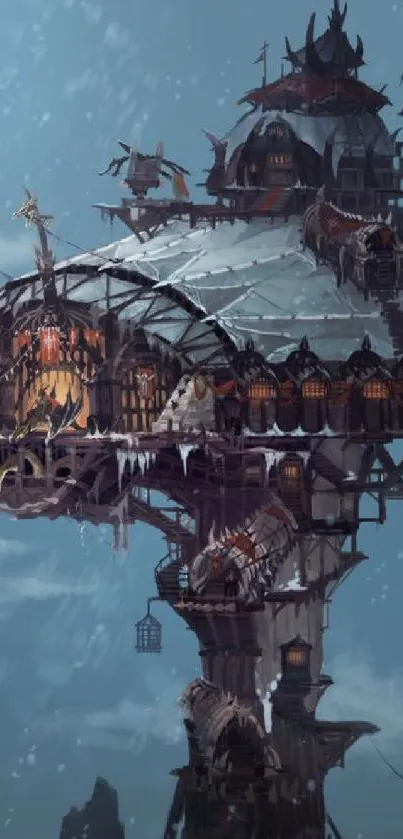 Fantasy winter fortress with intricate details in a snowy landscape.