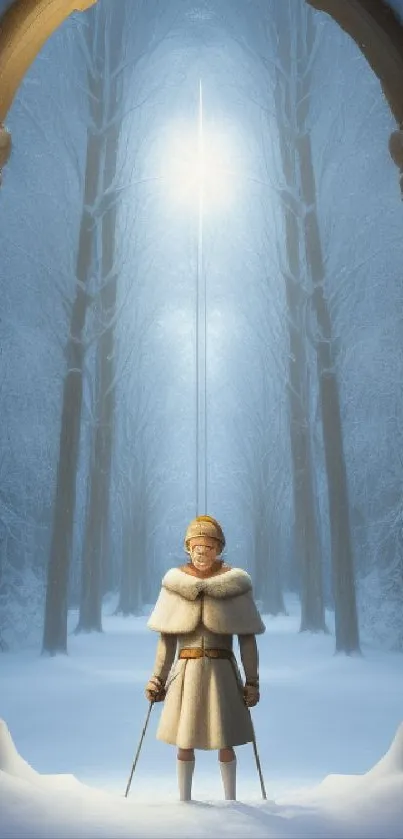 Figure stands in snow under archway, glowing light in background.