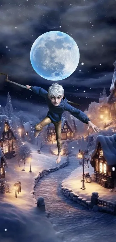 Fantasy character flying over moonlit snowy village.