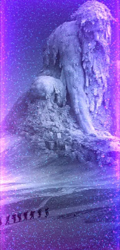 Fantasy snowy landscape with giant ice statue under a moonlit night sky.