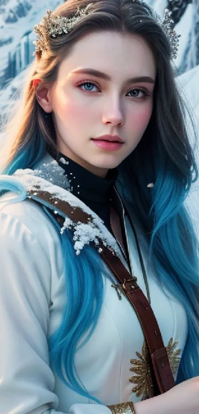 Fantasy winter princess with blue hair and fiery aura in snow.