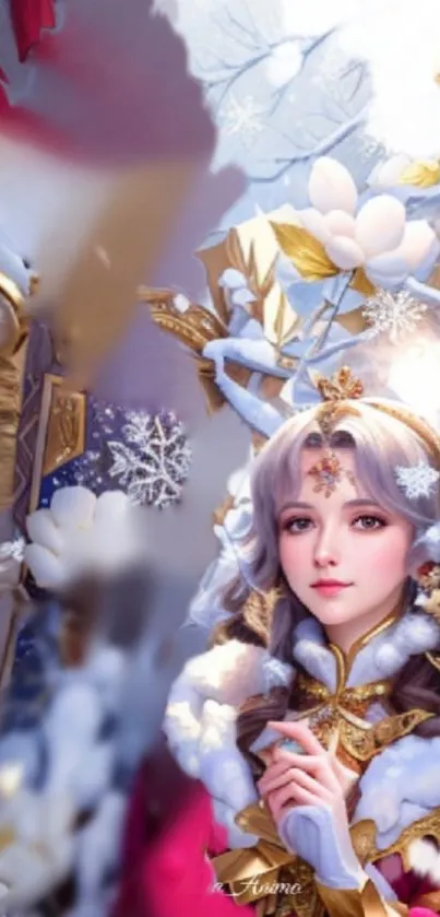 Fantasy winter art featuring a princess with snowy blossoms and golden details.