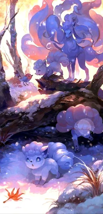 Fantasy creatures in a winter wonderland illustration, vibrant and mystical.