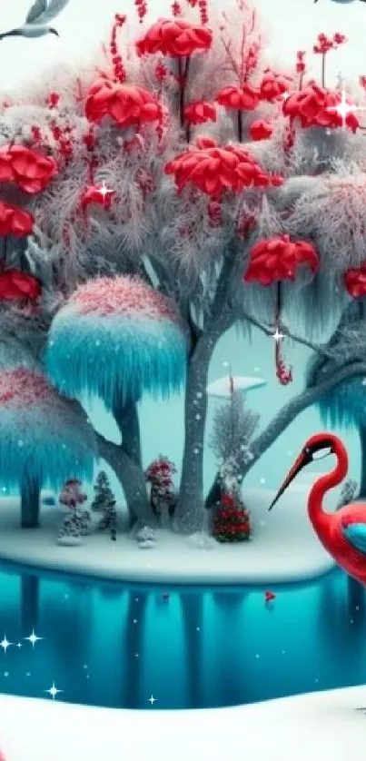 Fantasy winter scene with a flamingo, red flowers, and snowy landscape.