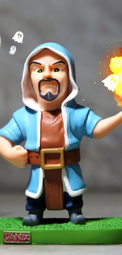 Wizard figurine with magical flame on gray background.